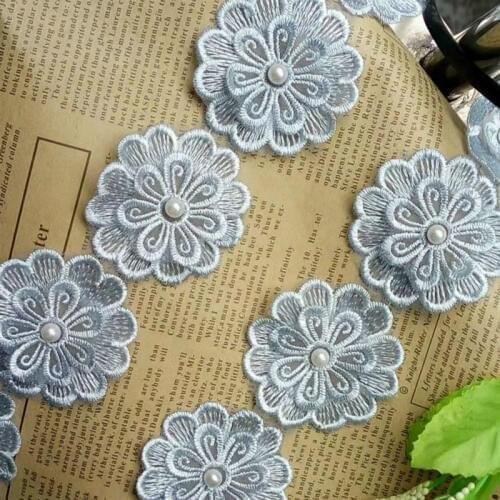 10x Light Blue Heart Flower Diamond Lace DIY Trim 5X5cm Wide Bridal Wedding Dress Ribbon Embroidered Applique Sewing Craft