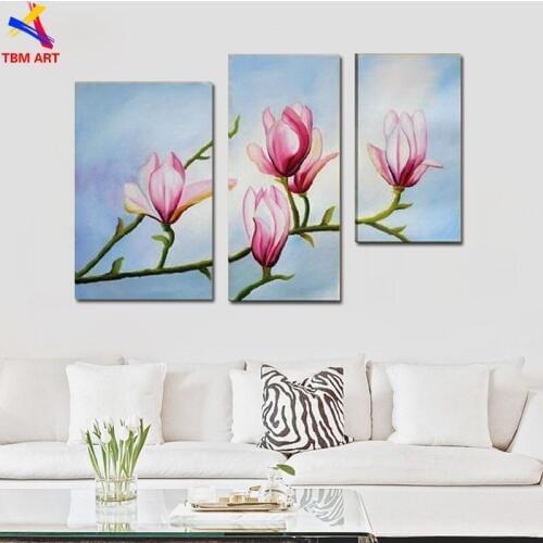 3 Panels Pink Flower Hand Painted Modern Abstract Oil Painting on Canvas Big Wall Art Gift for Bedroom Decor Unframed ytth013