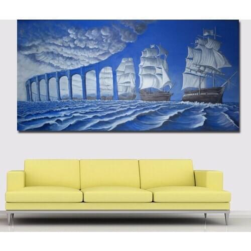 Abstract Art Modern Surrealism Paintings Blue Bridge And Sea Painting Printed On Canvas Wall Art Print Poster Home Decor