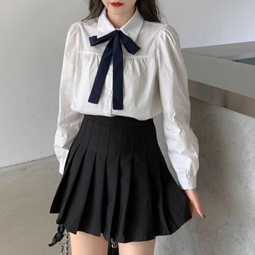 Korean Bow Blouse Women Long Puff Sleeve White Blue Blouse Streetwear Plus Size Tops Shirts blouses femme