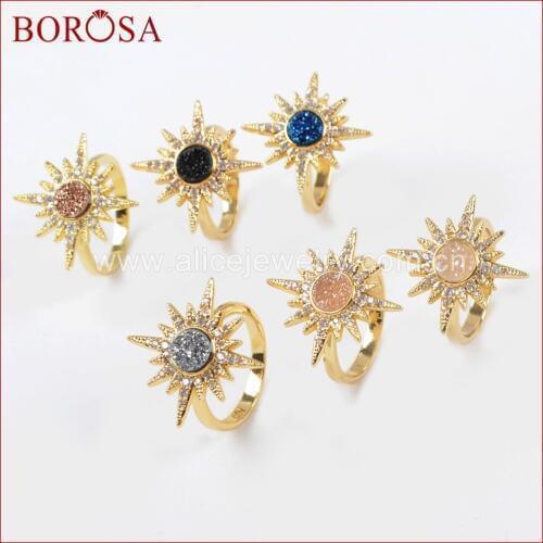 BOROSA 6PCS Size 7 New Gold Bezel CZ Micro Pave Crystal Star Mixed Colors Druzy Rings Fashion Drusy Rings for Women ZG0249