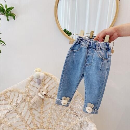 Girls' trousers spring and autumn childrens roll-up jeans 2021 new baby girls trousers 1-2-3-4-5-6 years old