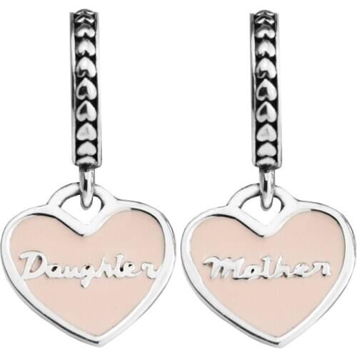 Mother & Daughter Heart Beads Fits Charm Bracelet Pink Enamel Crystal Beads For Jewelry Making Fashion DIY 925 Sterling Silver