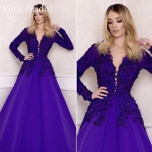 Purple prom dresses 2019 vestidos de gala long sleeve lace appliques a line satin floor length evening dresses arabic