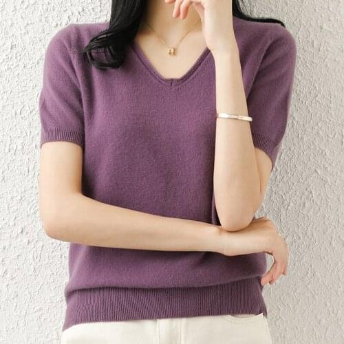 Hot Sale 100% Wool Cashmere Womens Sweaters And Pullovers Autumn Female V-Neck Clothing Short SLeeve Soft Jumper Tops Spring