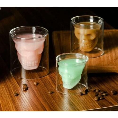 Skull Espresso Coffee Cup Double Wall Glass Mug Skeleton Whisky Bar Wine Glasses Transparent Vodka Shot Wine Glass Drinkware