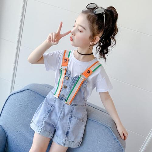 2021 Summer Toddler Teenager Jumpsuits Girls Overalls Denim Shorts Kids Straps Short Pants Children Clothing For 3-12 Years Old