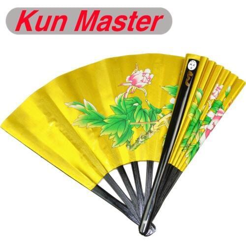 Kun Master 34 Cm Bamboo Chinese Kung Fu Tai Chi Fan Gold With Peony Design Two Sides Covers Free Match