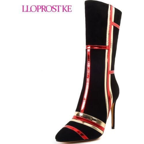 Lloprost ke Women Mid Calf Boots Zipper Pointed Toe Thin High Heel Faux Suede Rubber Mixed Color Winter Warm Boots Size 46 D409