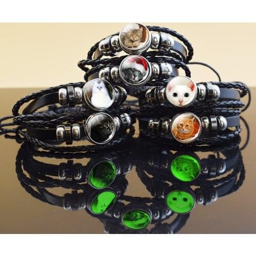 Cute Anime Cat Bracelet for Women Jewlry Steampunk Pulseras Mujer Handmade Black Leather Bangle Bracelets Bijoux Femme Jewellery