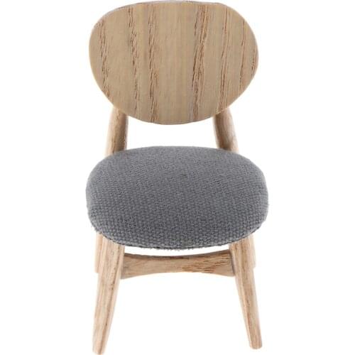 Miniature Dollhouse Furniture Wooden Dining Chair in Gray Fabric, 1/12 Scale