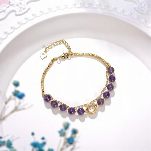 New Arrivals Beaded Bangle Bracelet 6mm Natural Stone Purple Crystal Amethysts Quartz Beads Yoga Jewelry Chain 7.5inch Y977