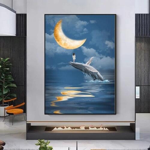 Modern Moon Seascapes Girl with Dolphin Canvas Painting Posters and Prints Wall Art Picture for Living BedRoom Home Decoration