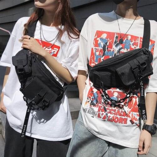 Casual Black Crossbody Bag Unisex Canvas Chest Bag Large Capacity Travel Hip Waist Pack Men Chain Phone Pouch Fanny Pack