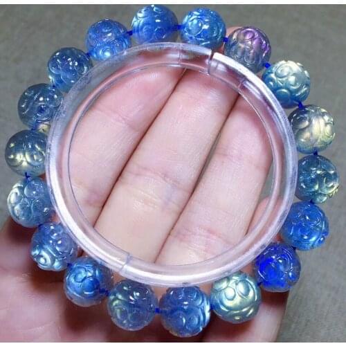 Genuine Natural Labradorite Rainbow Light Bracelet 10.6mm Carved Clear Round Beads Women Men Gemstone Grey Moonstone AAAAA