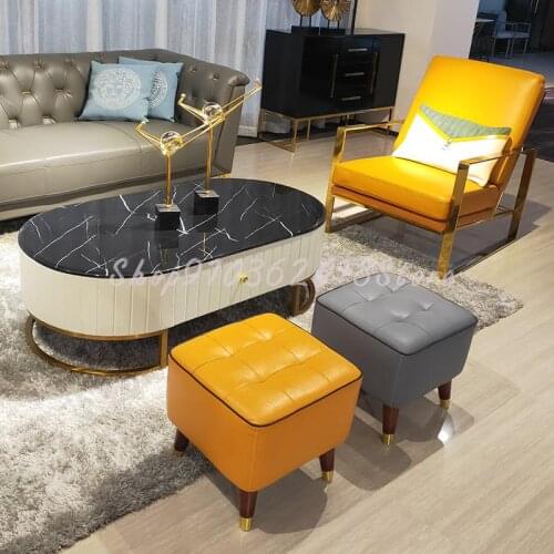 Light Luxury Leather Sofa Stool Sitting Room Footstool Footstool Changing Shoes Stool Solid Wood Low Stool Pier Makeup Stool