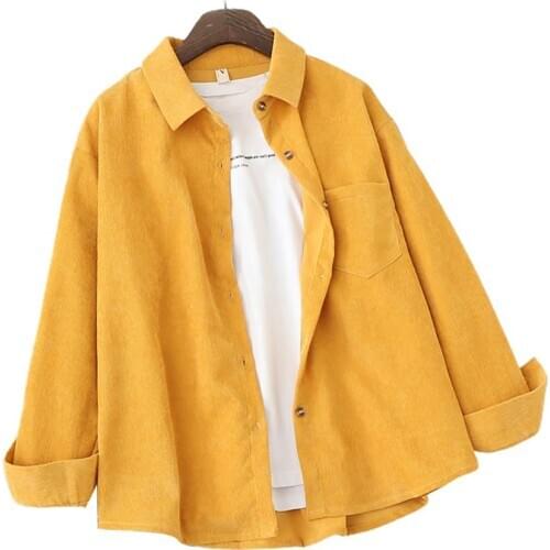 2021 Women Spring Autumn Loose Lapel Solid Color Long Sleeve Corduroy Shirt Coat Womens clothing женская куртка femme veste