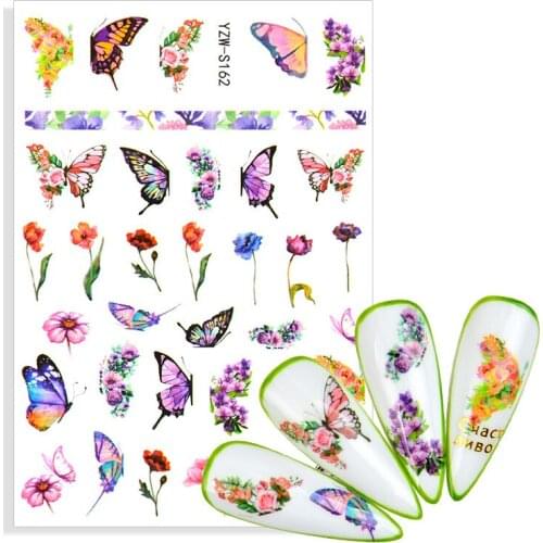 3D Butterfly Flower Nail Stickers Colorful Butterflies Bouquet Rose Hydrangea Nail Self-adhensive Decal For Nails Decoration