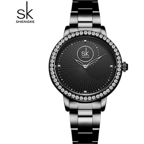 Shengke Black Watch Women Quartz Watches Ladies Top Brand Crystal Luxury Female Wrist Watch Girl Clock Relogio Feminino