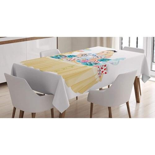 Alice in Wonderland Tablecloth Alice Pours Cup of Tea Eats Cupcakes Flowers Pottery Fantasy Dining Room Kitchen Table Cover