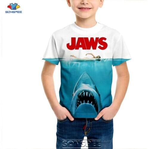 SONSPEE 2020 Boys/Girls Tees Shirts Casual Hip Hop Short Sleeve Jaws Shark Print T Shirt Summer Funny Kids Children T-shirts