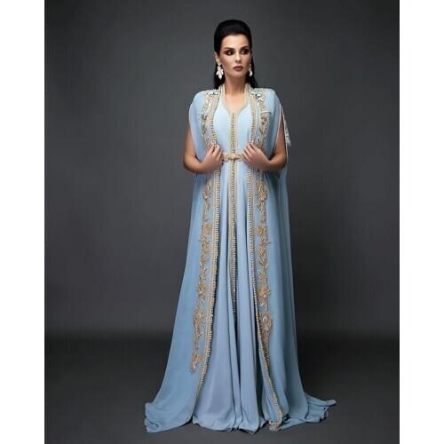 Light Sky Blue Chiffon Long Sleeve Evening Dresses Moroccan Caftan With Gold Embroidery Islamic Dubai Saudi Arabic Prom Dress Ab