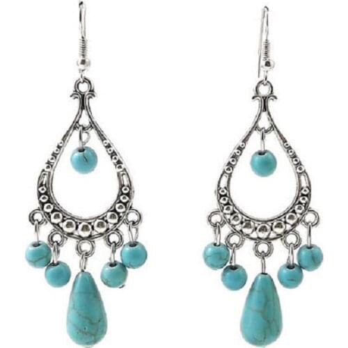 Hand-made Turquoise female earrings Tibetan style retro silver-plated ethnic earrings