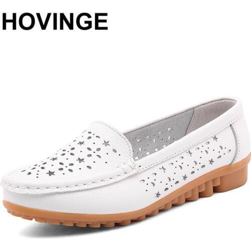 HOVINGE Women Flats Shoes Leather Solid Cut-outs Comfortable Women Casual Shoes Ladies Moccasins Loafers Wild Breathable Shoes