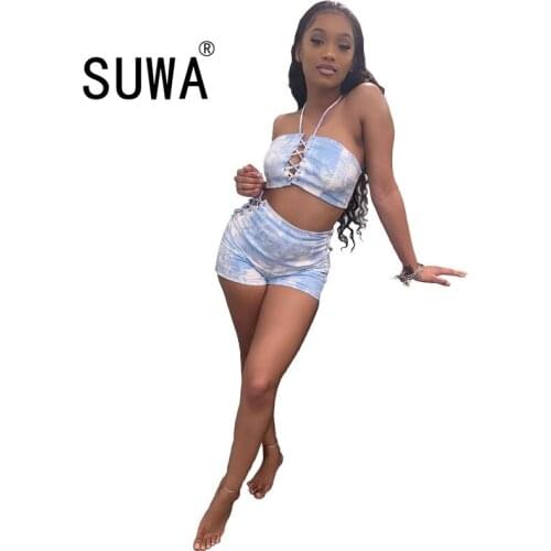 Summer sexy outfits women two piece matching set tie dye tunic t-shirt + biker shorts evening party new boho club tracksuit
