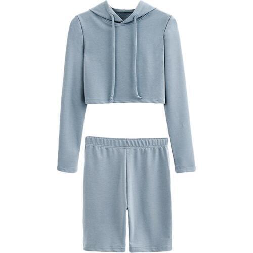 Set female 2019 spring and summer new fashion short hooded shirt shorts two-piece solid color self-cultivation womens clothes