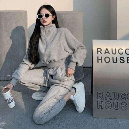 TrackSuit Women Autumn-winter New Casual Short Sweatshirt Trousers Two-piece Set Female Solid Color Long-sleeved Loose Top Suit