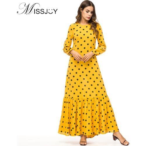 MISSJOY New Women Ruffles Yellow dresses Plus Size 4XL long Sleeve Polka Dot PrintedAbaya Muslim Turkish Mermaid Long Maxi dress