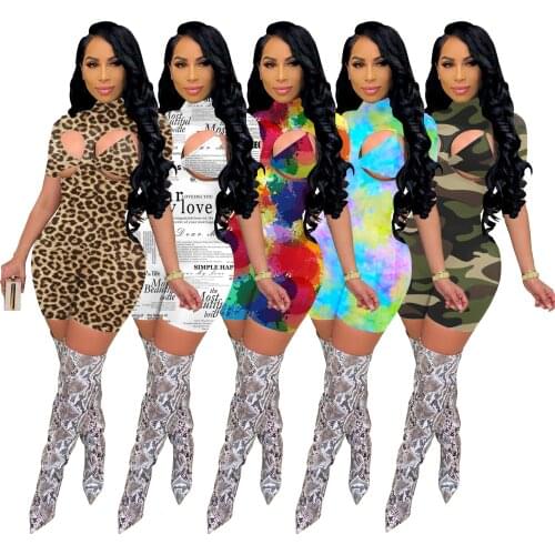 High Neck Digital Print Bust Hollow Out Women Skinny Women Clubwear Dresses