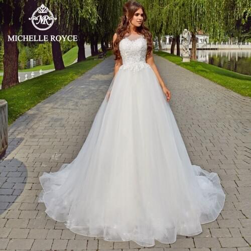 Michelle Royce A-Ling Wedding Dresses 2020 Sexy Scoop Appliques Sleeveless Button Chapel Train Bridal Gowns Vestido De Noiva