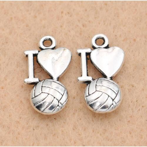 15pcs I love Volleyball Charm Pendant fit Bracelet Necklace Tibetan Silver Plated Jewelry DIY Making Accessories 15x9mm