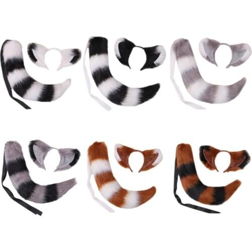 2Pcs Furry Cat Ears Headband Tail Set Stripe Fluffy Plush Animal Cosplay Costume