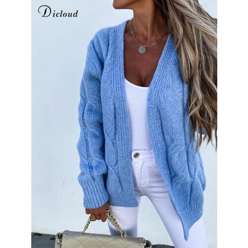 DICLOUD Blue Cardigans Woman Long Sleeve Knitted New Autumn Winter Ladies Warm Sweater 2021 Fashion Street Solid Outwear Female