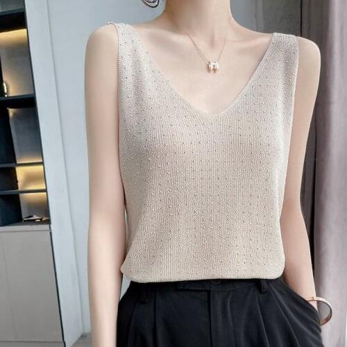 Elegant 2021 ice silk knitted camisole womens V-neck sleeveless bottoming shirt bright hot rhinestone cropped top