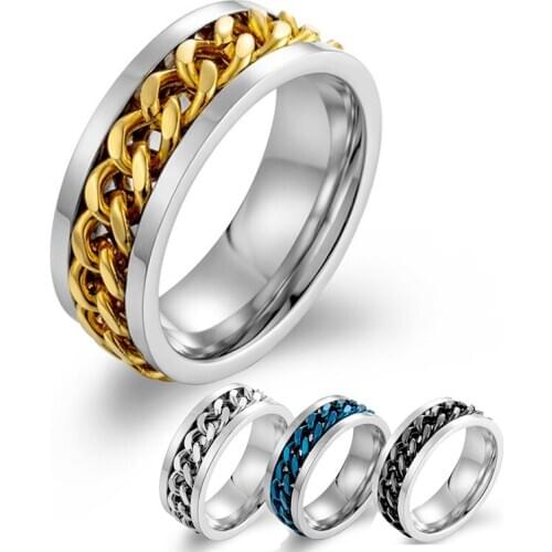 8mm Trendy Chain Metal Finger Rings for Men Cool Gold/Blue/Silver Color Jewelry Punk Male Party Gifts