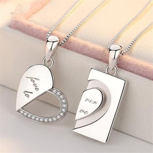 Creative Heart-Shaped Silver Color Necklace Fashion Romantic Crystal Letters Necklace for Men Women Couple Jewelry Accessories