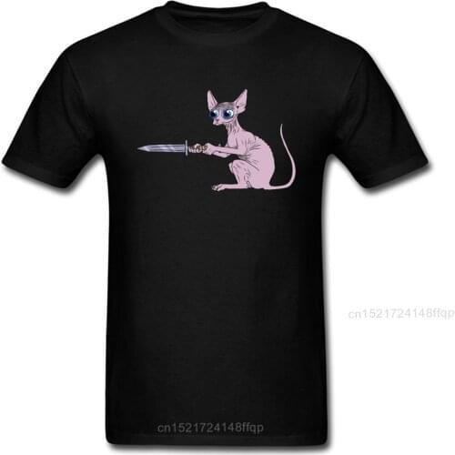 Creative Design Sphynx Swordsman Black T-shirt Canadian Hairless Cat Print Cartoon Tops Men Short Sleeve Fun Tee Shirt
