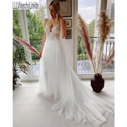 Ivory Lace Tulle Floor-Length A-Line Wedding Dresses Chapel Train V-Neck Spaghetti Straps Bridal Gowns Custom Made