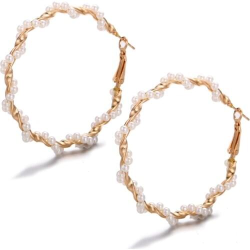 LIMARIO Women Elegant White Simulated Pearls Statement Earrings Big Circle Round Metal Gold Hoop Earrings Nightclub Jewelry