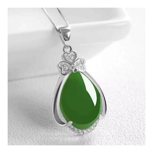 Natural Green Jade Chalcedony Water Drop Pendant 925 Silver Necklace Chinese Carved Charm Jewelry Fashion Amulet Gifts for Women