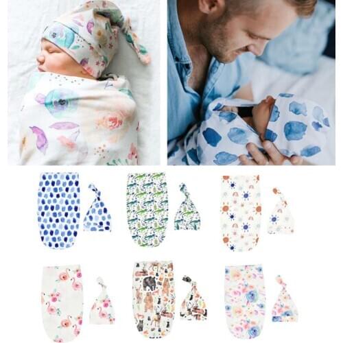 Newborn Blankets Infant Baby Boys Girls Sleeping Bag Swaddle Muslin Wrap+Hat Set