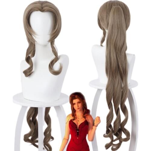 Anime Final Fantasy VII Aerith Gainsborough Women Curl Long Ponytail Wig Cosplay Costume Heat Resistant Synthetic Hair Wigs