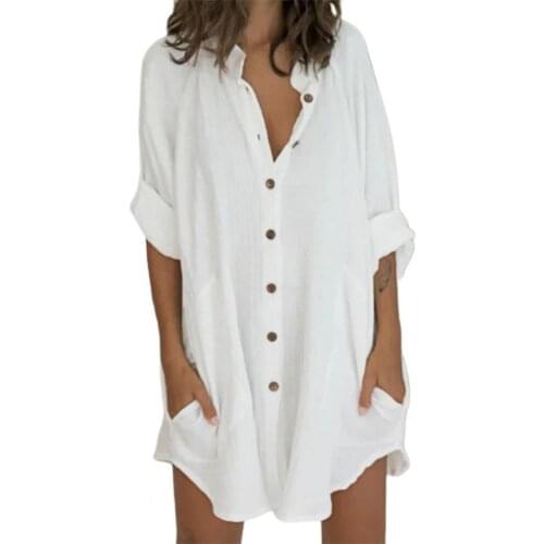 Stand Collar Shirt Dress Women Long Sleeve Mini Dress Women Solid Color Buttons Shirt Dress Ladies Clothing Casual Shirt