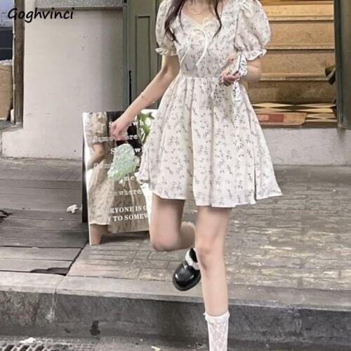 A-line Dresses Women Summer Cute Fashion Puff-sleeves New Print Party Casual Comfortable Sundress Girls All-match Square-collar