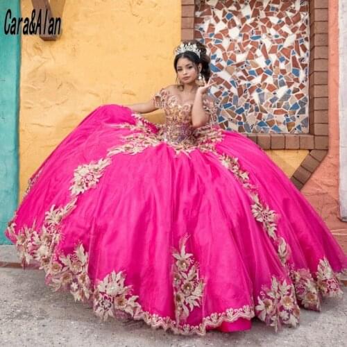 Mexican Girls vestidos de 15 años Fuchsia Quinceanera Dresses With 3D Floral Applique Beads Sweet 16 Ball Gown Prom Dress