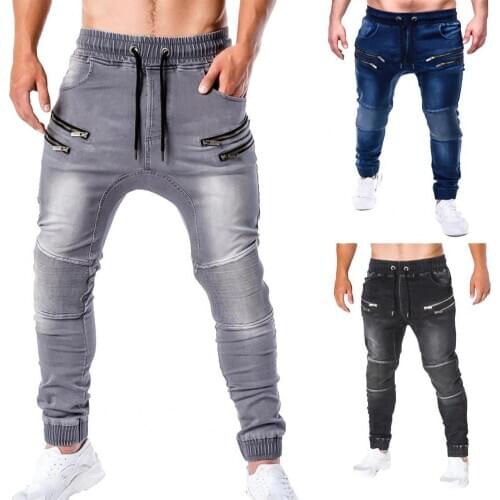 Casual Jeans for Men Zipper Drawstring Denim Pants Skinny Long Trousers Denim Pants for Men Casual Jeans Pants hommes jeans